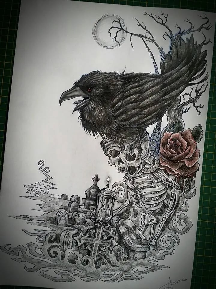Pencil sketch of a raven above a rose and skeleton